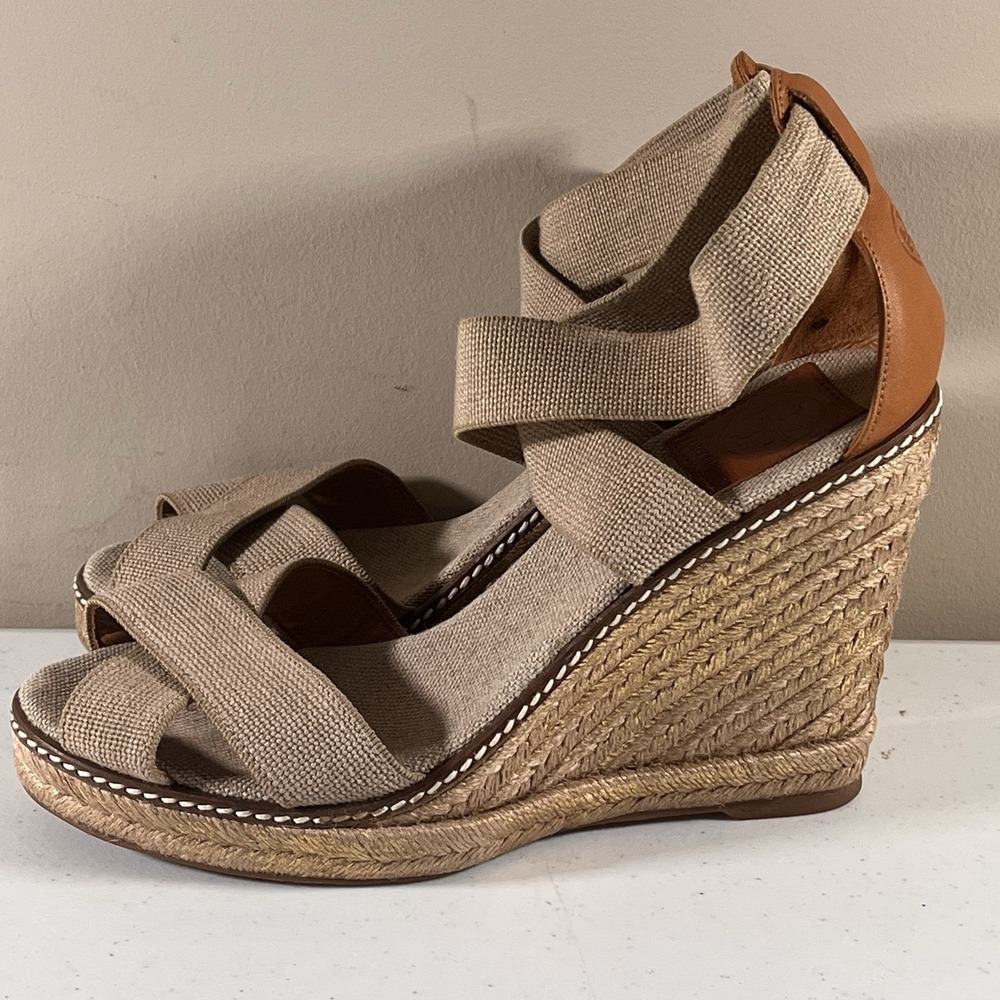 Tory Burch Sandals Womens 9.5 Khaki Frieda Stripe Platform Espadrille Wedge Heel - Picture 2 of 11